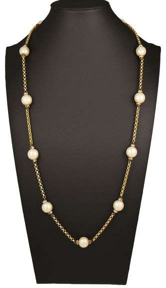 Vintage Chanel Faux Pearl and Crystal Station Necklace