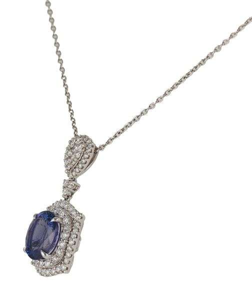 New 5.02ct Oval Tanzanite and 1.63ctw Diamond Double Frame Pendant Necklace in 14K