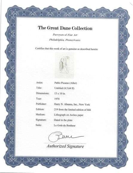 Exclusive Limited Edition Pablo Picasso Lithograph "Le Gout du Bonheur", 1970