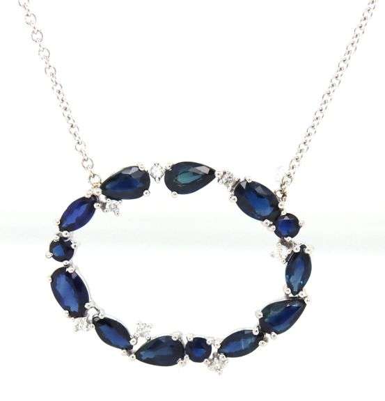 14kt White gold blue sapphire and diamond oval Garland pendant on chain
