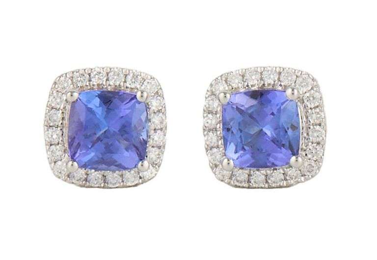 New 1.09ctw Cushion Tanzanite and 0.32ctw Diamond Frame Stud Earrings in 14K