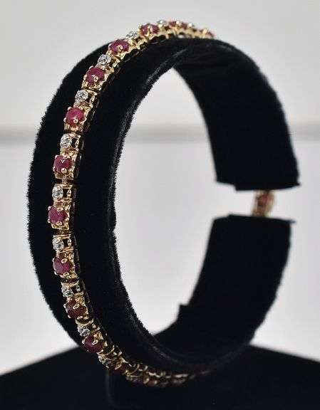 Attractive 10K Yellow Gold Ruby Gemstone and Diamond Bracelet