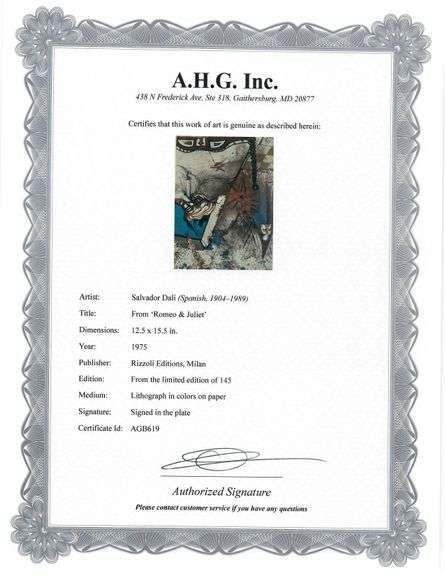 Original plate Signed Salvador Dalí Lithograph from the Romeo & Juliet Rizzoli Edition, Milan 1975