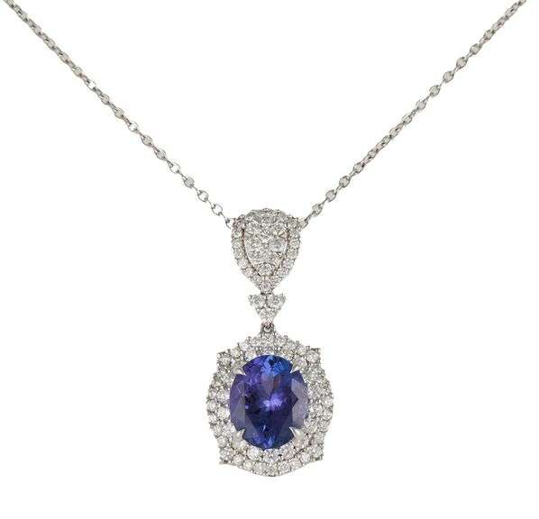 New 5.02ct Oval Tanzanite and 1.63ctw Diamond Double Frame Pendant Necklace in 14K