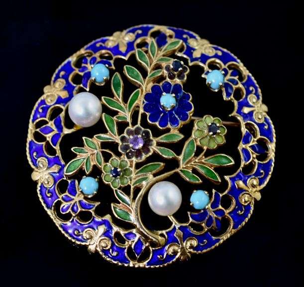 Exquisite 14K Brooch with Enamel and Stones