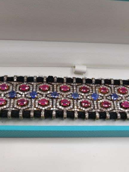 New! +15 ctw all natural rubys, sapphire and diamond weaved on fabric bracelet