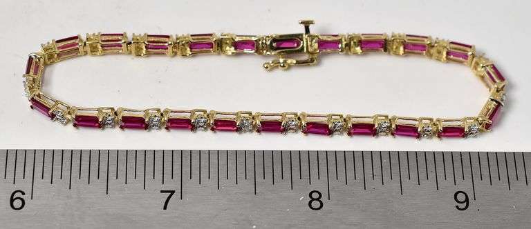 Beautiful 10K Yellow Gold Synthetic Ruby Gemstone Bracelet with Diamond Accents