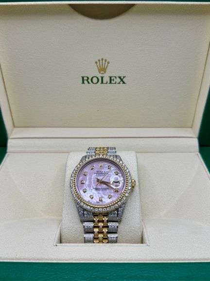 New Custom Iced Out Two-tone Bustdown Rolex Datejust 36mm Pink MOP