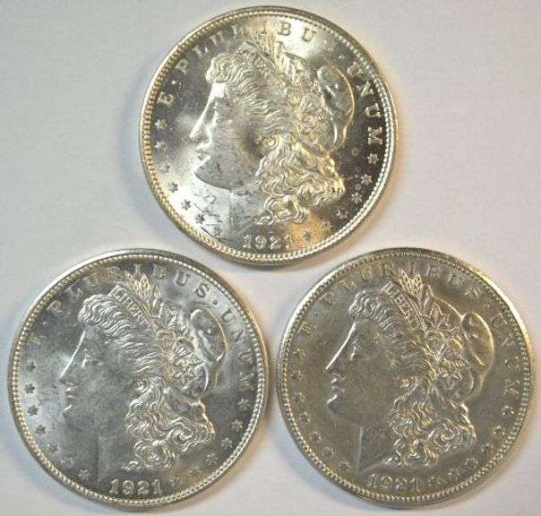 Real flashy-white top end 1921 P-D-S Morgan Silver Dollars