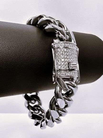 Huge 73.5 Gram 14 Kt White Gold Plate Cuban Curb Link Bracelet