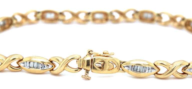 Pretty 14K YG XOX Style Bracelet with Baguette Diamonds