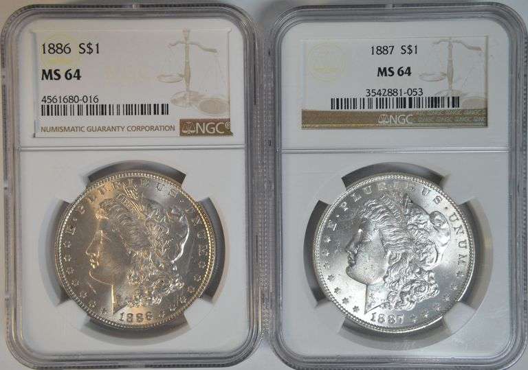 Near Gem BU 1886 & 1887 Morgan Silver Dollars. NGC MS64