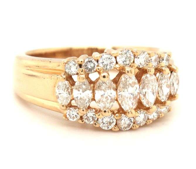 14kt Yellow gold 1ctw marquise and round brilliant cut 3 row diamond band