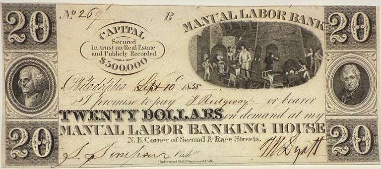 1838 Choice Unc Manual Labor Bank Philadelphia $20 Note. Aka Elvis Note