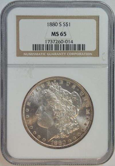 Solid Gem BU 1880-S Morgan Silver Dollar. NGC MS65
