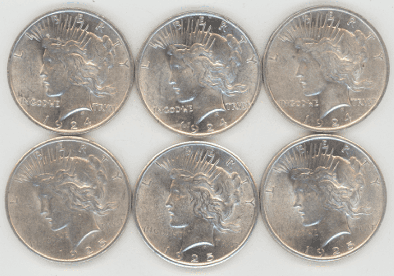 3 1924 and 3 1925 Peace Silver Dollars in slider/BU