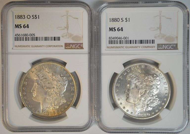Lovely NGC MS64 pair of Morgan Silver Dollars: 1880-S & 1883-O