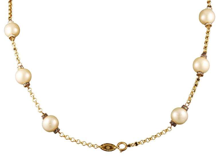 Vintage Chanel Faux Pearl and Crystal Lariat Necklace