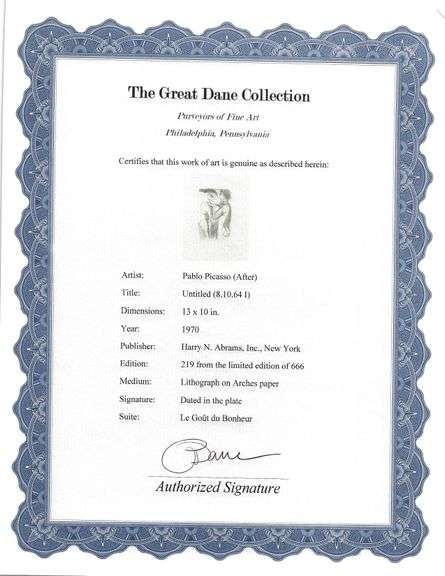 Exclusive Limited Edition Pablo Picasso Lithograph "Le Gout du Bonheur", 1970