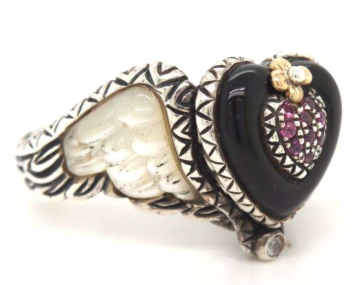 Barbara Bixby black onyx heart and Rhodelite and MOP wings ring