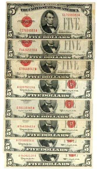 3 Scarcer 1928 and 5 nicer 1963 $5 Red Seal Notes