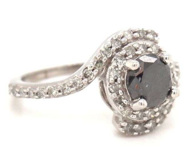 10kt White gold black and white diamond crossover ring