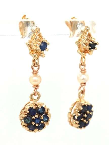 14kt Yellow gold pearl and sapphire cluster dangle earrings