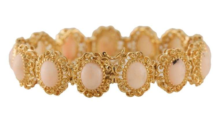 Vintage Angel Skin Coral Filigree Frame Station Bracelet in 18K