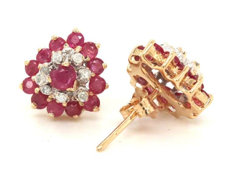 14kt Yellow gold heart and round ruby and diamond cluster flower stud earrings