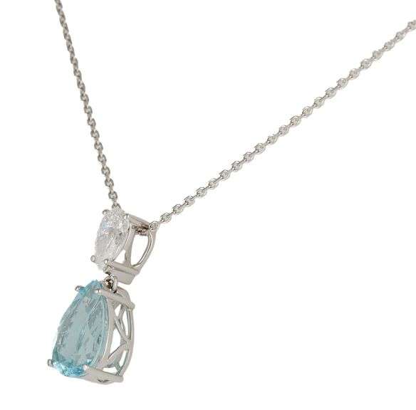 New 4.27ct Pear Shaped Aquamarine and 1.01ct Pear Shaped Diamond Pendant Necklace in 14K