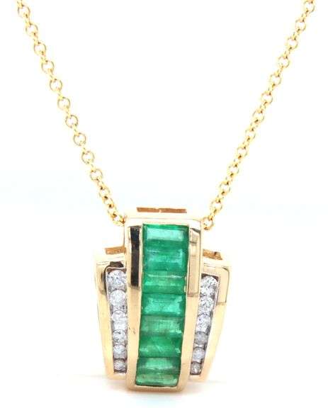 14kt Yellow gold channel set emerald and diamond slider pendant on chain