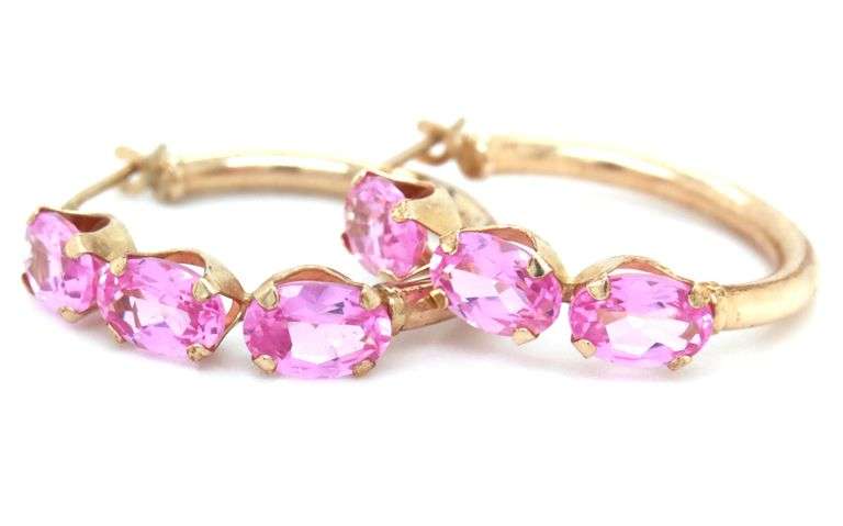 10kt Yellow gold pink topaz hoop earrings