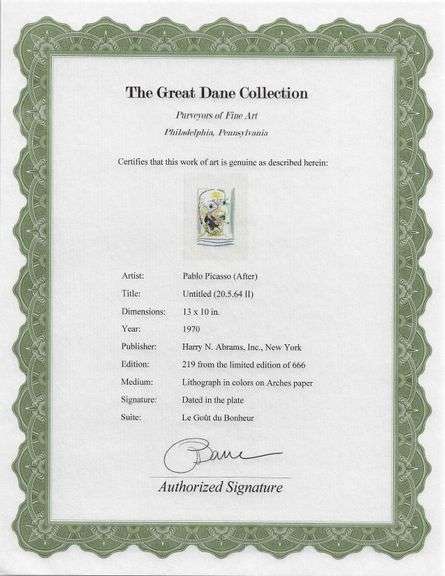 Exclusive Limited Edition Pablo Picasso Lithograph "Le Gout du Bonheur", 1970