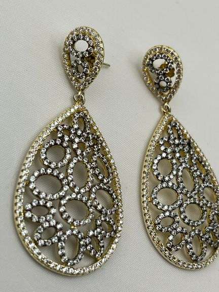 925 Sterling Silver Tear Drop Two Tone Openwork Crystal Pave earrings