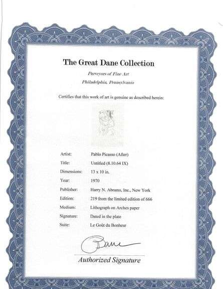 Exclusive Limited Edition Pablo Picasso Lithograph "Le Gout du Bonheur", 1970