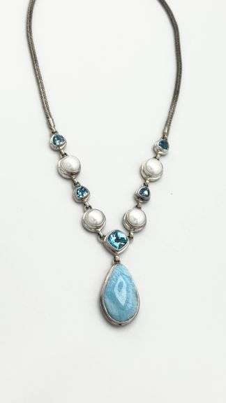 925 Vintage Sterling Silver Larimar, Blue Topaz And Pearl Necklace