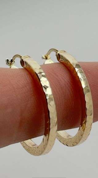 14KT Yellow Gold Hammered 25mm Hoop Earrings