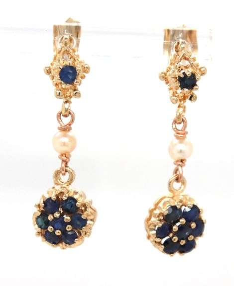 14kt Yellow gold pearl and sapphire cluster dangle earrings