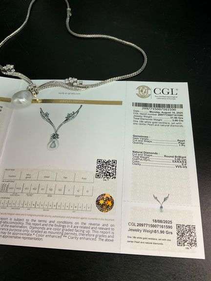 CERTIFIED 18K WHITE GOLD VINTAGE / ANTIQUE DIAMOND AND PEARL NECKLACE