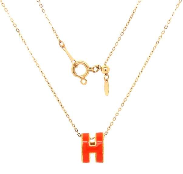 24kt Yellow gold Initial orange enamel H pendant on chain