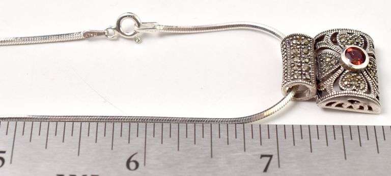 Red Garnet and Marcasite Gemstone Pendant Necklace