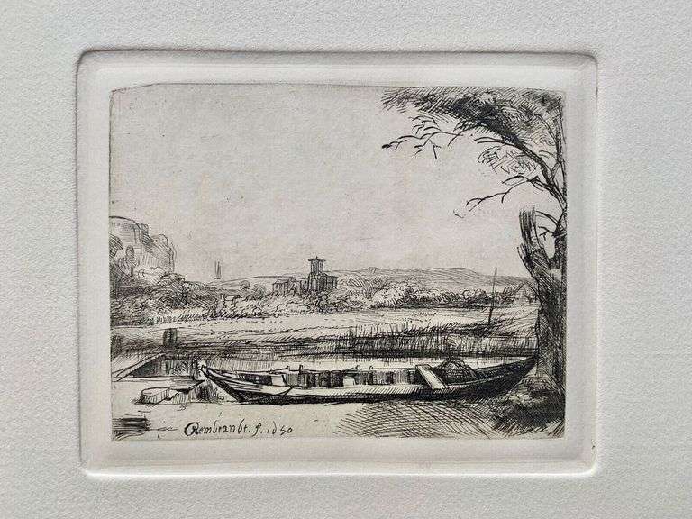 Rare Collectible Etching by Rembrandt, Canal With A Large Boat And Bridge