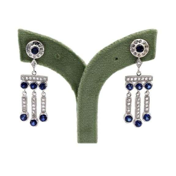14K(585) Vintage White Gold Natural Diamond and Sapphire Earrings
