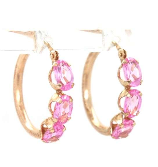 10kt Yellow gold pink topaz hoop earrings