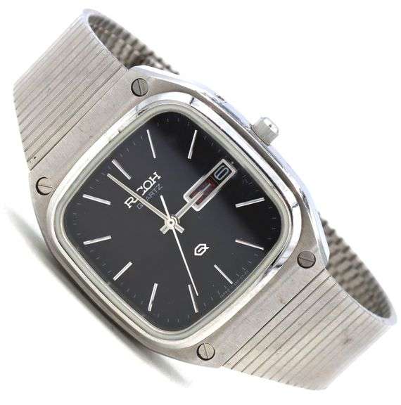 Ricoh day date quartz black dial square watch
