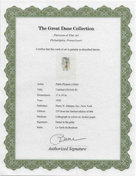 Exclusive Limited Edition Pablo Picasso Lithograph "Le Gout du Bonheur", 1970