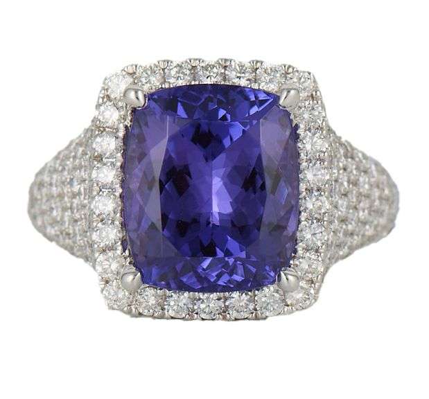 New 7.03ct Cushion Tanzanite and 2.43ctw Pave Diamond Frame Ring in 14K