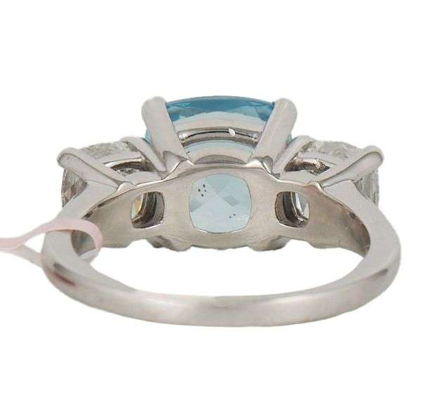 New 2.79ct Cushion Aquamarine and 2.00ctw Cushion Diamond Three Stone Ring in 14K