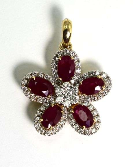 Stunning 14K Yellow Gold Ruby and Diamond Flower Pendant