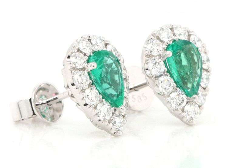 New 0.99ctw Pear Emerald and 0.75ctw Diamond Frame Stud Earrings in 14K